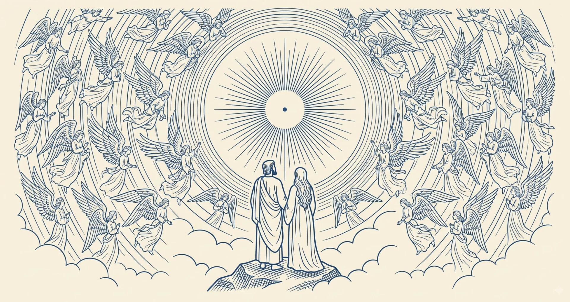 Ilustração de anjos em círculo ao redor de um sol radiante